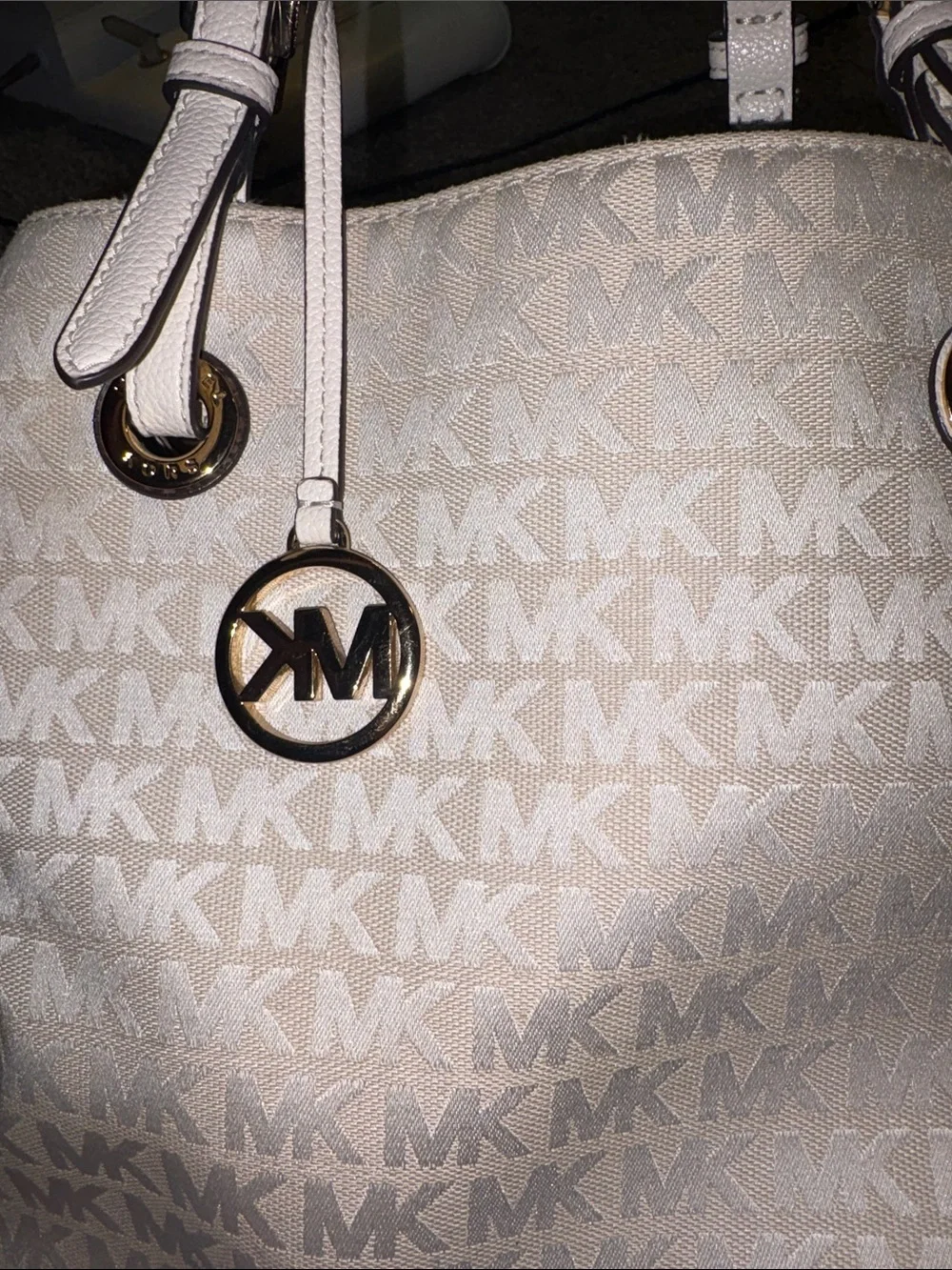 Authentic Michael Kors Cream-Beige MK Logo Shoulder Tote with Gold Accents